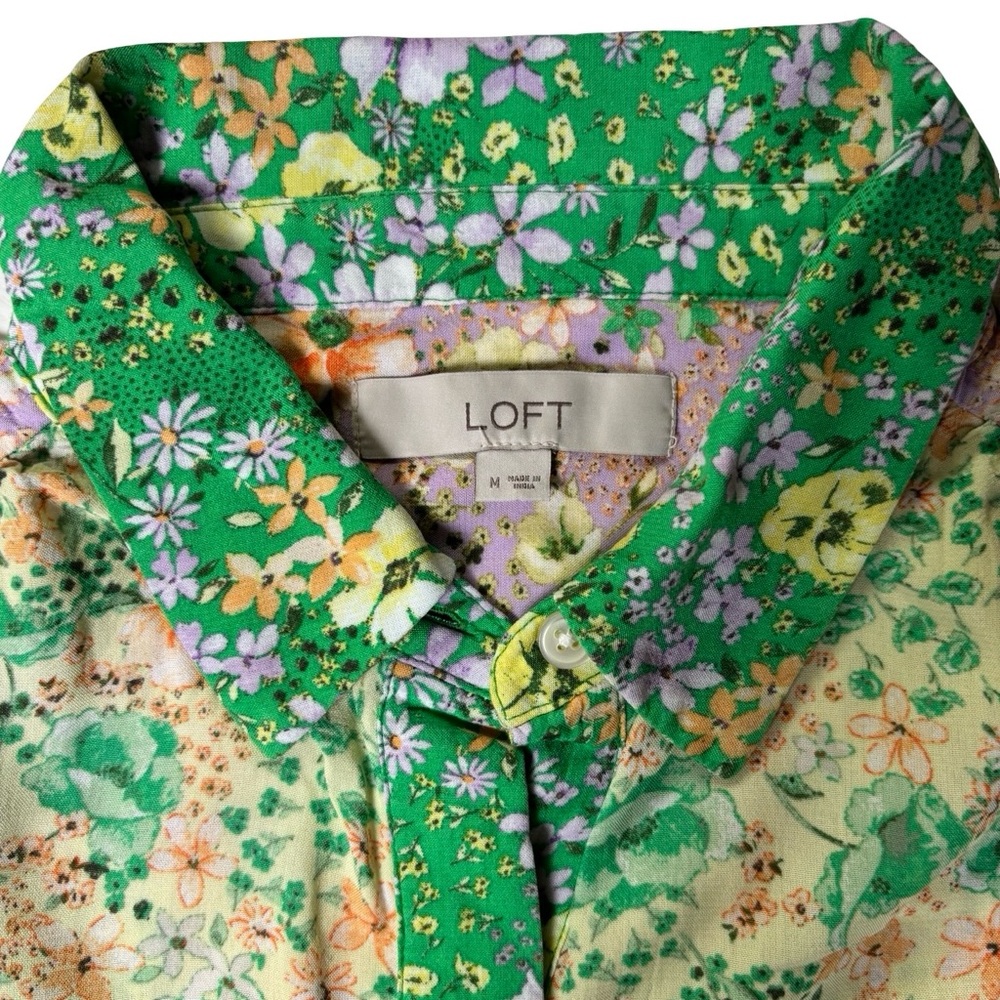 Loft Floral Crepe Utility Shirt Boho Balloon Sleeve Western Green Lavender SZ M - Picture 3 of 5